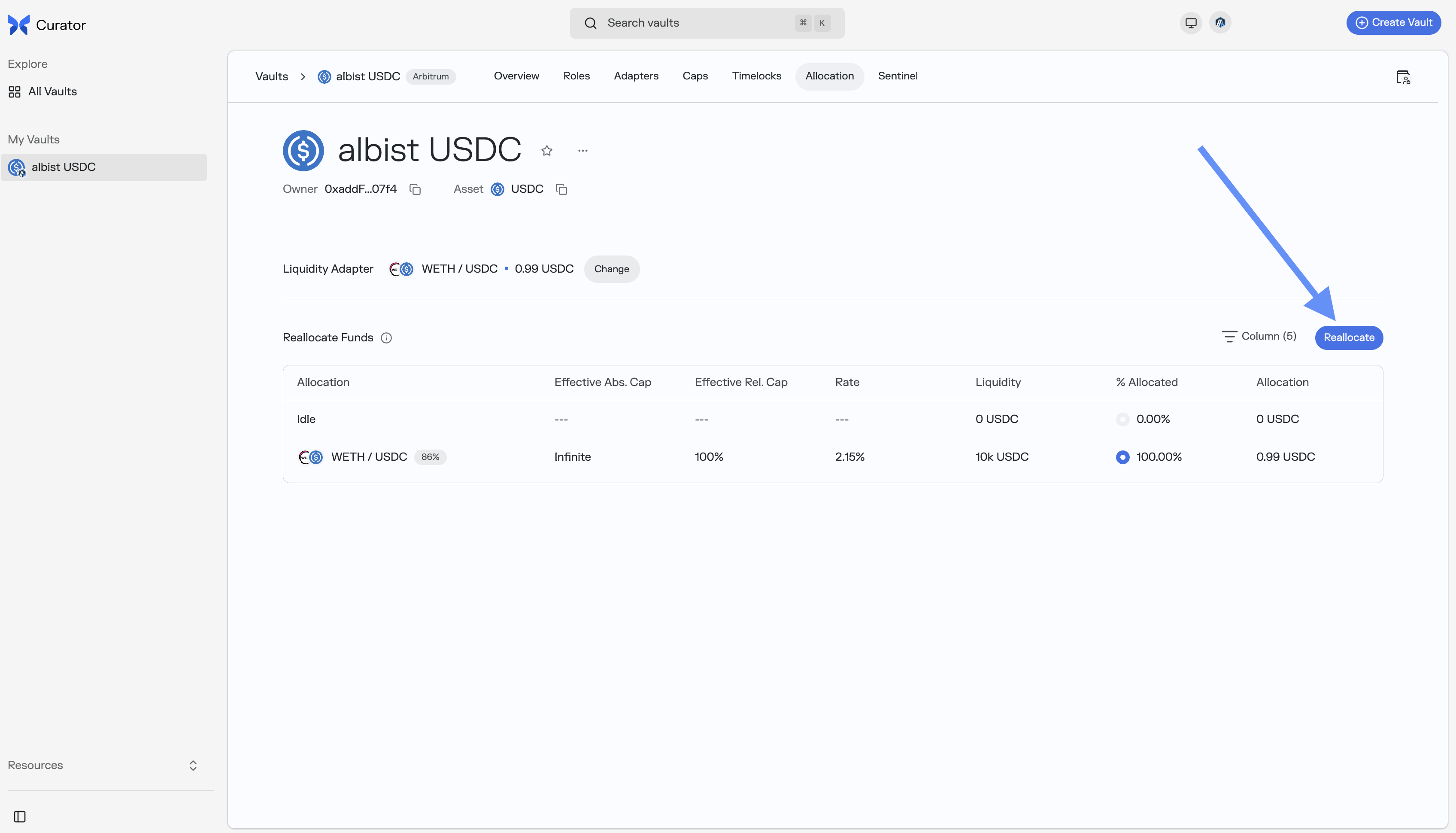 Allocation tab showing the Reallocate button and current market allocations