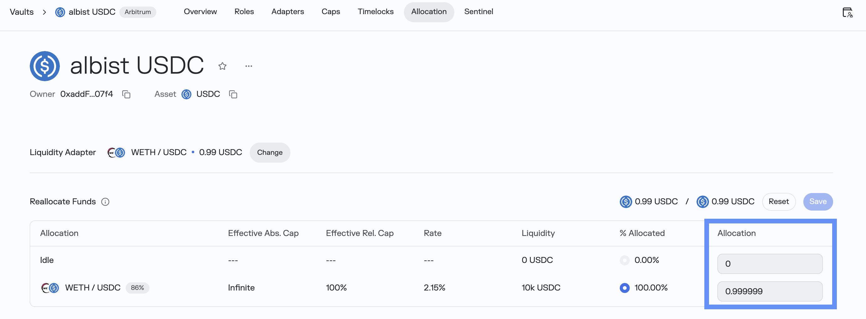 Reallocate Funds form with allocation amounts set per market