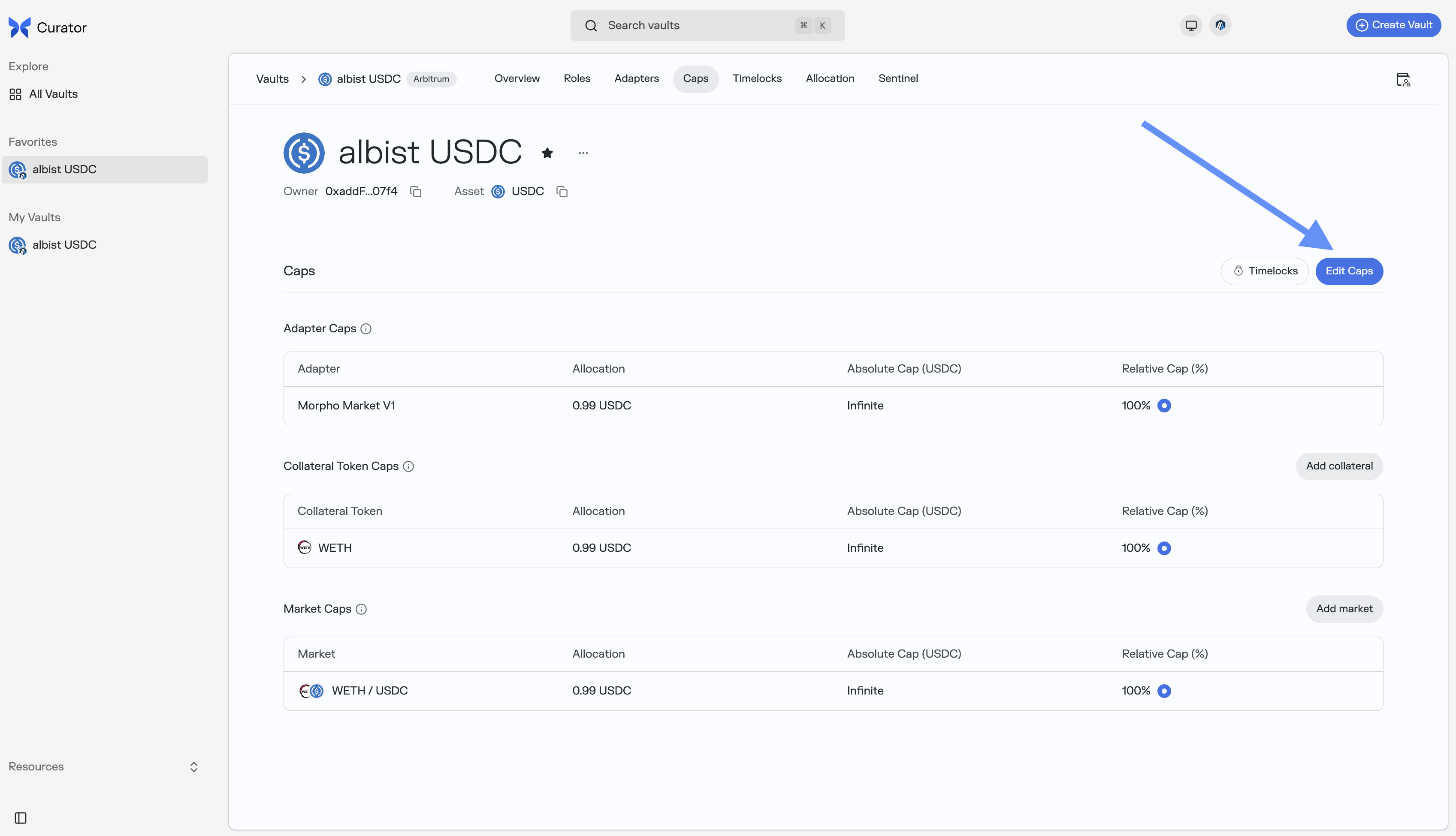 Caps tab showing a listed market with allocation, ready to be edited for delisting