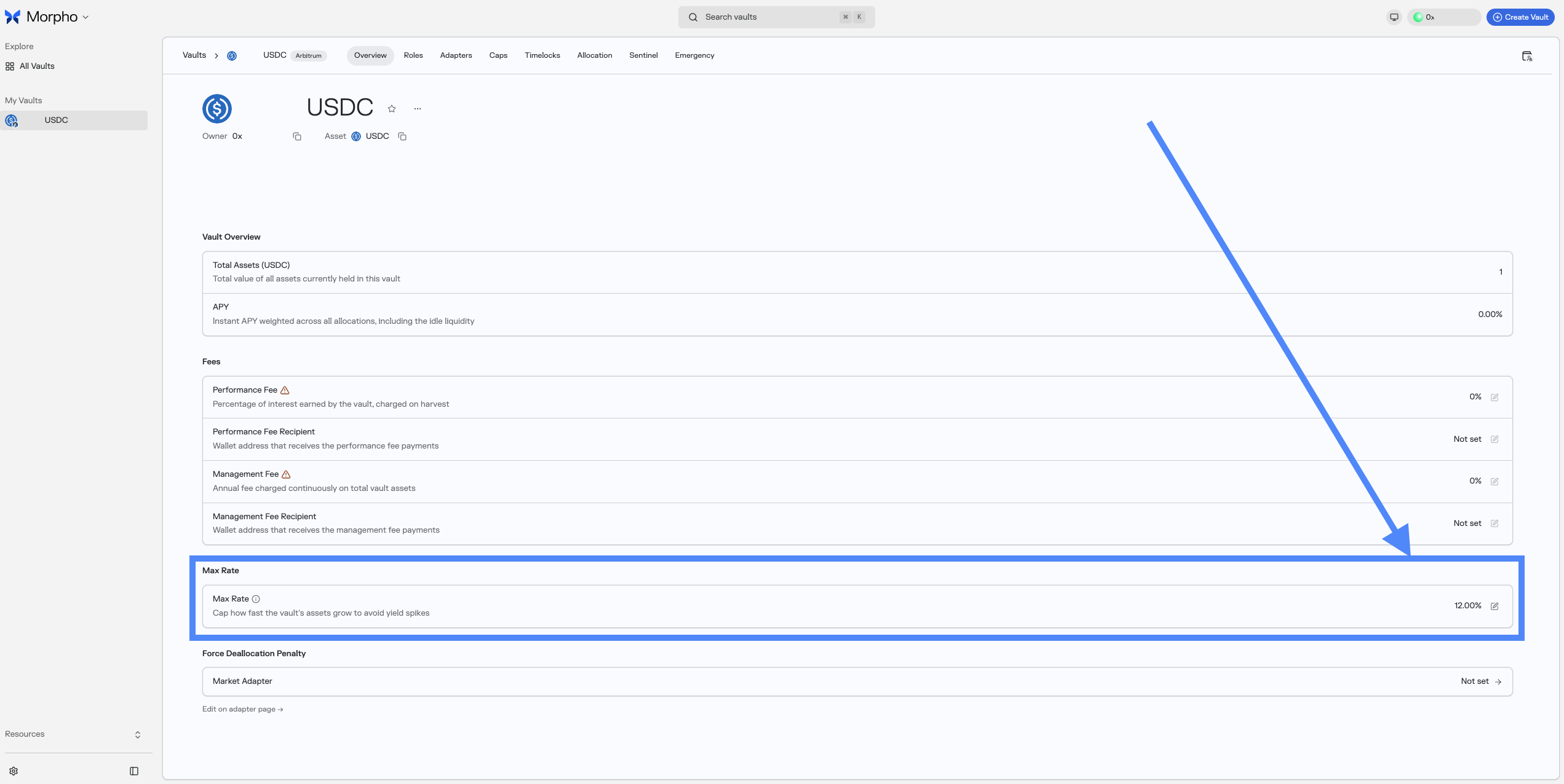 Max Rate section on the main vault overview page