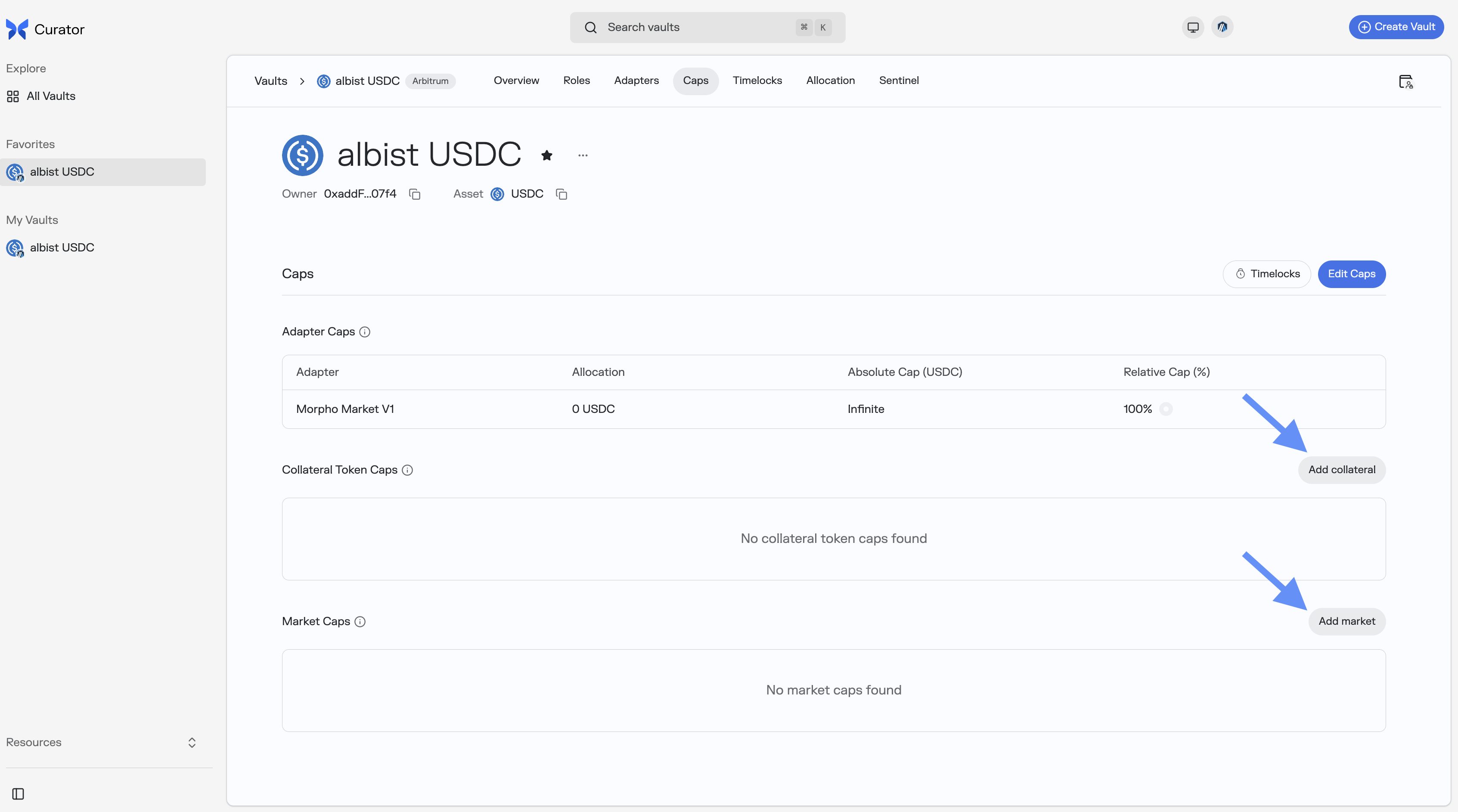 Caps tab showing the Add collateral and Add market buttons